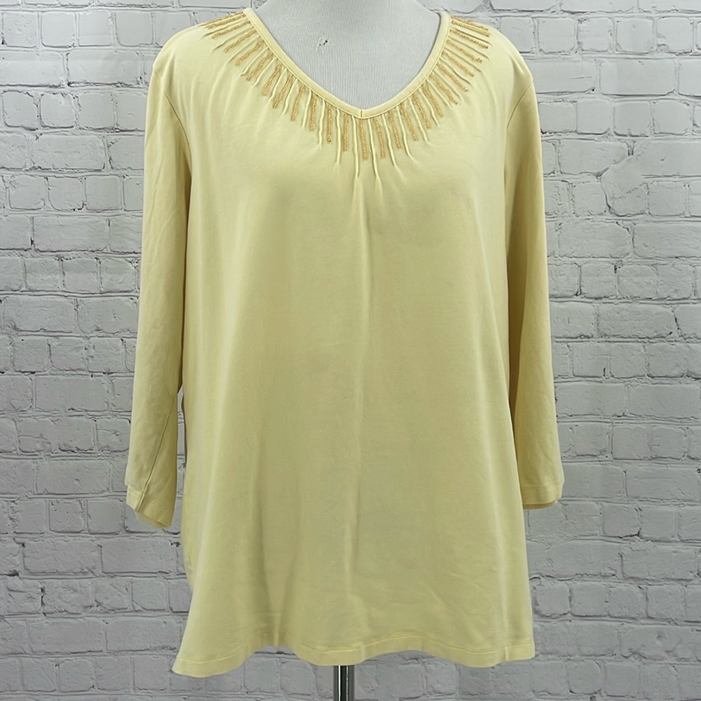 Quacker Factory Cotton Spandex Beaded Pale Yellow Stretchy Blouse Large Top